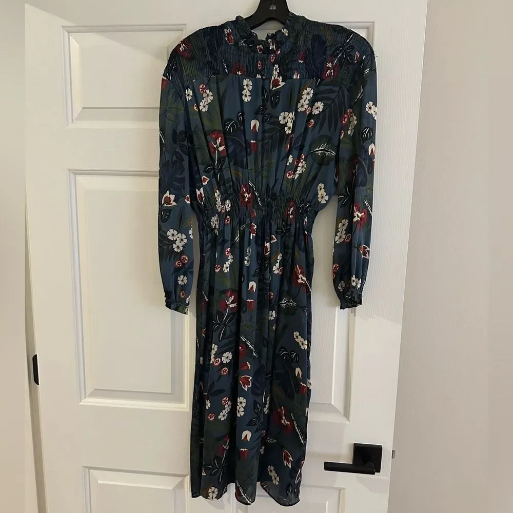 Zara Navy Floral Long Sleeve Floral Print Dress